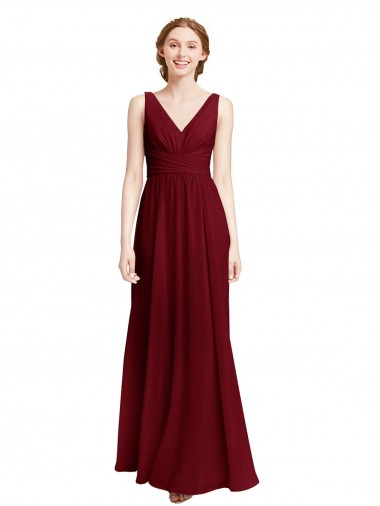 V-Neck Long Chiffon Burgundy Sleeveless Bridesmaid Dress / Evening Gowns Victoria