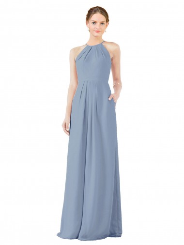 High Neck Long Soft Chiffon Dusty Blue Sleeveless Bridesmaid Dress Victoria