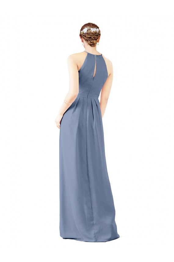 High Neck Long Soft Chiffon Dusty Blue Sleeveless Bridesmaid Dress Victoria