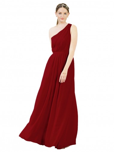One Shoulder Long Chiffon Burgundy Sleeveless Bridal Party Dress / Evening Dress Victoria