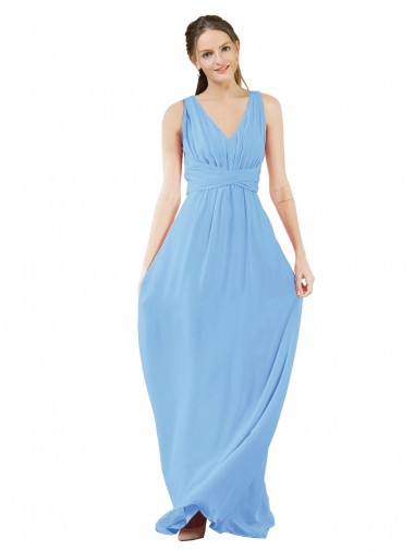 V-Neck Long Soft Chiffon Periwinkle A-Line Sleeveless Bridesmaid Dress Victoria