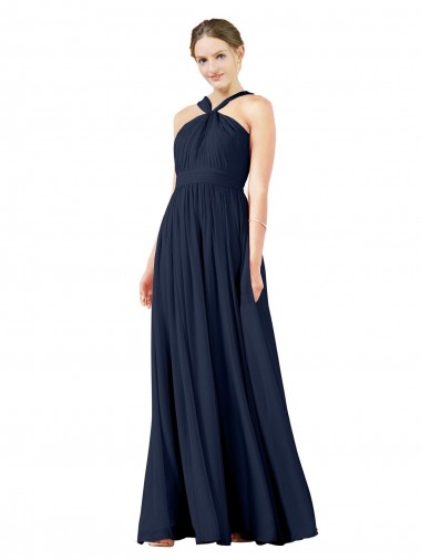V-Neck Long Chiffon Dark Navy Sleeveless Bridesmaid Gowns Victoria