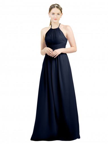 High Neck Long Soft Chiffon Dark Navy Sleeveless Evening Gowns / Bridesmaid Dress Victoria