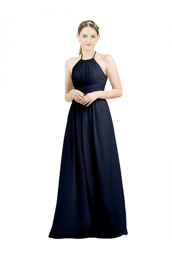 High Neck Long Soft Chiffon Dark Navy Sleeveless Evening Gowns / Bridesmaid Dress Victoria
