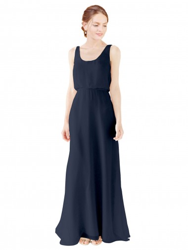 Scoop Neck Long Soft Chiffon Dark Navy Sleeveless Bridesmaid Dress Victoria