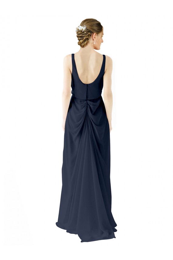 Scoop Neck Long Soft Chiffon Dark Navy Sleeveless Bridesmaid Dress Victoria
