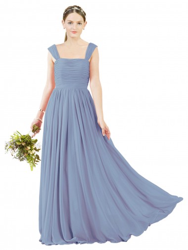 Square Neck Long Soft Chiffon Dusty Blue Sleeveless Bridesmaid Dress Victoria