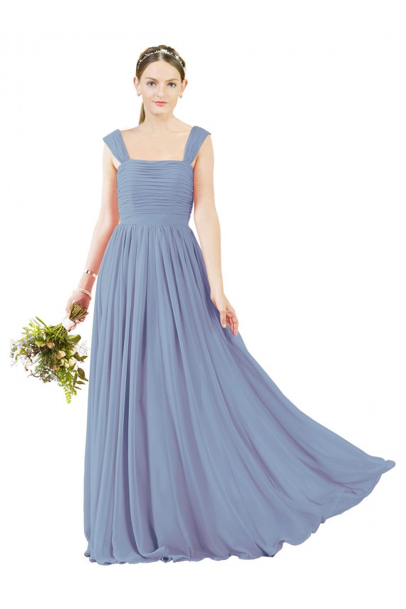Square Neck Long Soft Chiffon Dusty Blue Sleeveless Bridesmaid Dress Victoria