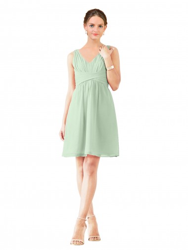 V-Neck Knee Length Soft Chiffon Sage Sleeveless Bridesmaid Dress Victoria