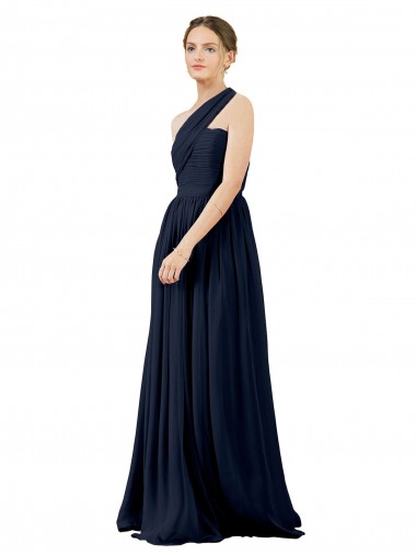 One Shoulder Long Chiffon Dark Navy Sleeveless Bridal Party Dress / Evening Dress Victoria