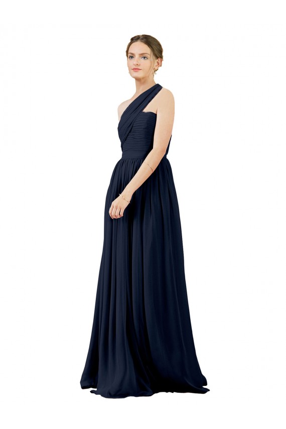 One Shoulder Long Chiffon Dark Navy Sleeveless Bridal Party Dress / Evening Dress Victoria