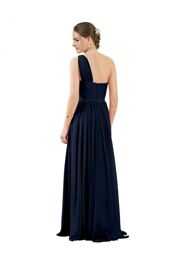 One Shoulder Long Chiffon Dark Navy Sleeveless Bridal Party Dress / Evening Dress Victoria