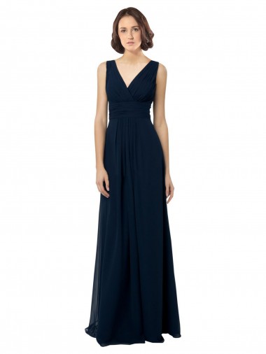 V-Neck Long Chiffon Dark Navy Sleeveless Bridal Party Dress Victoria