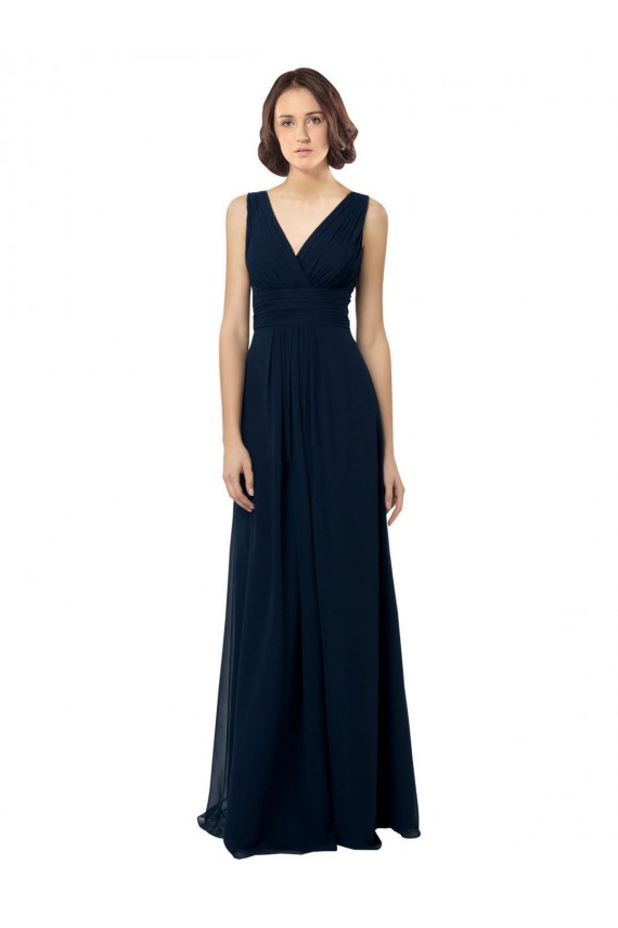 V-Neck Long Chiffon Dark Navy Sleeveless Bridal Party Dress Victoria