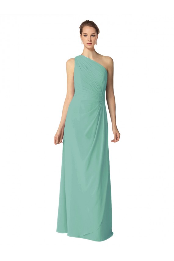 One Shoulder Long Soft Chiffon Jade Sleeveless Bridesmaid Dress Victoria