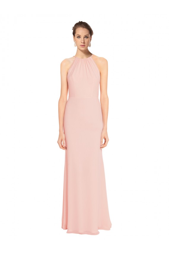 Halter Neck Long Chiffon Pink Sleeveless Bridesmaid Dress Victoria
