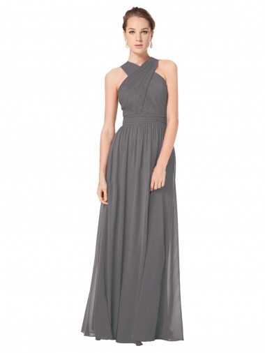 Halter Neck Long Soft Chiffon Stormy Silver Sleeveless Bridesmaid Dress Victoria