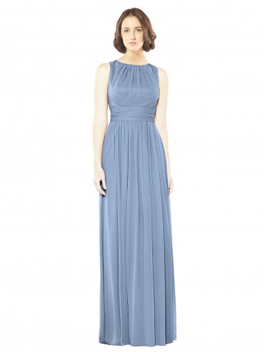 Bateau Neck Long Soft Chiffon Dusty Blue Sleeveless Bridesmaid Dress Victoria