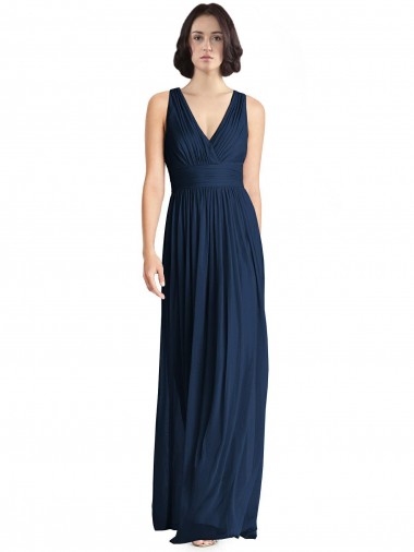 V-Neck Long Floor Length Chiffon Dark Navy Sleeveless Bridesmaid Dress Victoria