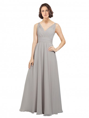 V-Neck Long Soft Chiffon Oyster Silver Sleeveless Bridesmaid Dress Victoria