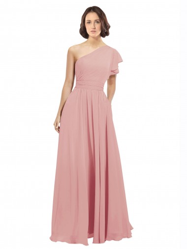 One Shoulder Long Chiffon Bliss Pink Sleeveless Bridesmaid Dress / Evening Dress Victoria