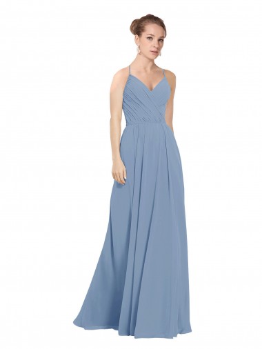 V-Neck Long Soft Chiffon Dusty Blue Sleeveless Evening Dress / Bridesmaid Dress Victoria