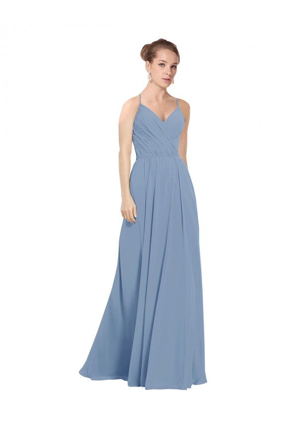 V-Neck Long Soft Chiffon Dusty Blue Sleeveless Evening Dress / Bridesmaid Dress Victoria