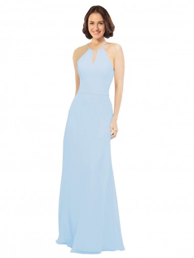 Halter Neck Long Soft Chiffon Light Sky Blue Sleeveless Wedding Party Dress Victoria
