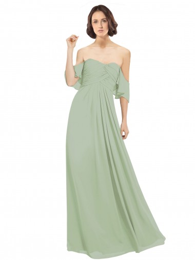 Off the Shoulder Long Soft Chiffon Smoke Green Cold Shoulder Bridesmaid Dress Victoria