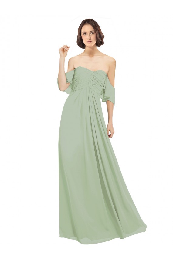 Off the Shoulder Long Soft Chiffon Smoke Green Cold Shoulder Bridesmaid Dress Victoria