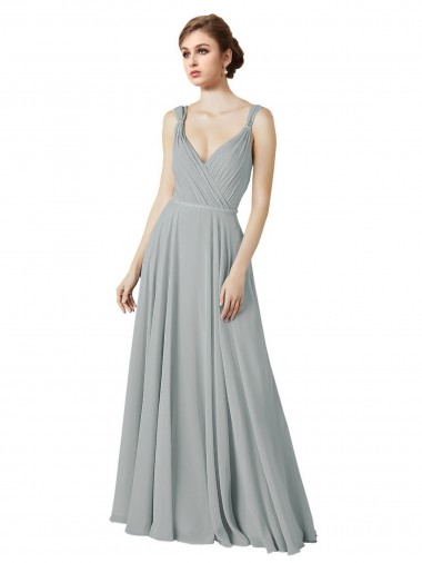 V-Neck Long Chiffon Silver Sleeveless Bridesmaid Dress / Evening Dress Victoria