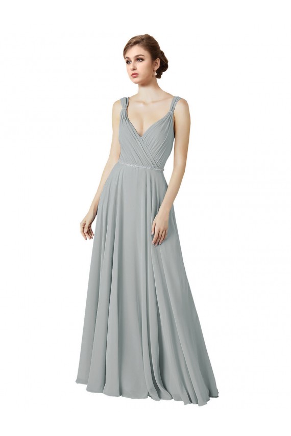 V-Neck Long Chiffon Silver Sleeveless Bridesmaid Dress / Evening Dress Victoria