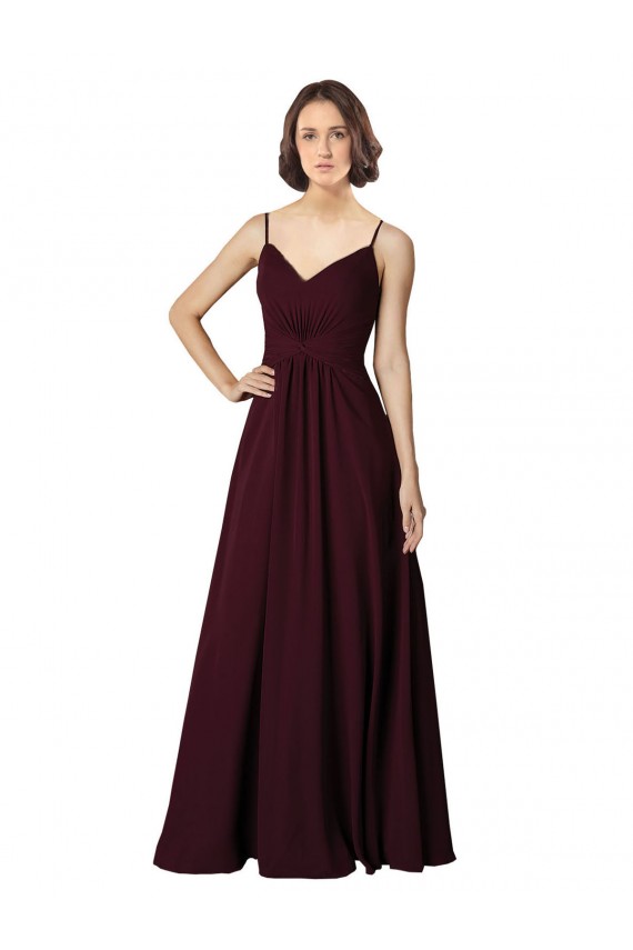 V-Neck Long Soft Chiffon Burgundy Gold Sleeveless Bridesmaid Gown Victoria