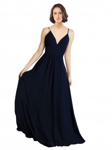 V-Neck Long Chiffon Dark Navy Sleeveless Bridesmaid Dress & Gowns Victoria