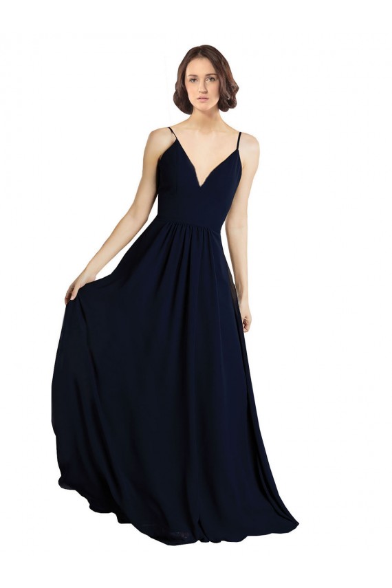 V-Neck Long Chiffon Dark Navy Sleeveless Bridesmaid Dress & Gowns Victoria