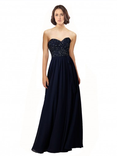 Sweetheart Long Soft Chiffon Dark Navy Sheath Sleeveless Bridesmaid Dress / Formal Dress Victoria