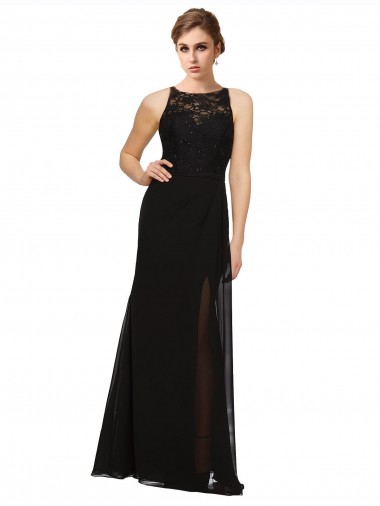 High Neck Long Soft Chiffon & Lace Black Sleeveless Bridesmaid Dress Victoria