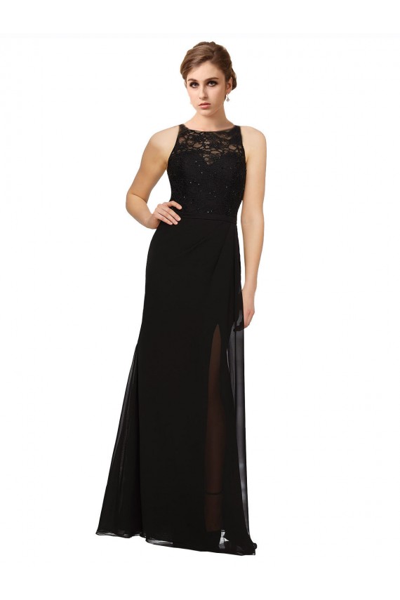 High Neck Long Soft Chiffon & Lace Black Sleeveless Bridesmaid Dress Victoria