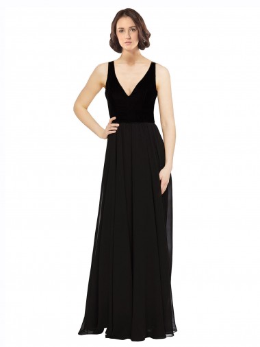 V-Neck Long Soft Chiffon & Velvet Black Sleeveless Prom Dress / Bridesmaid Dress Victoria