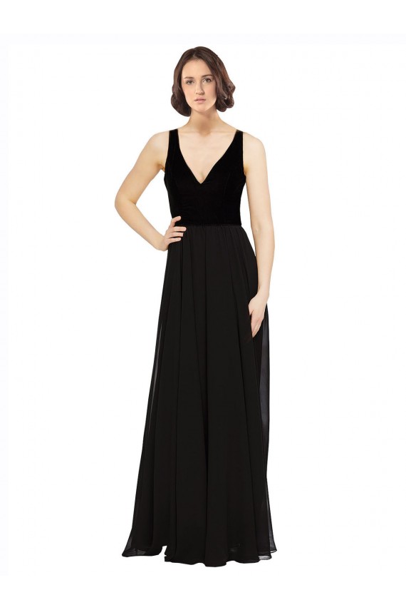V-Neck Long Soft Chiffon & Velvet Black Sleeveless Prom Dress / Bridesmaid Dress Victoria