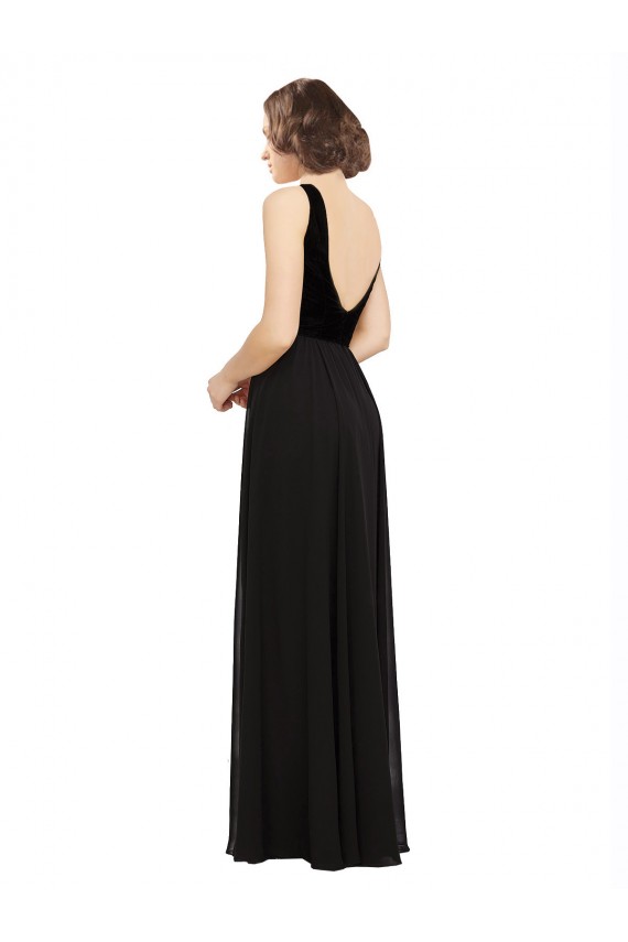V-Neck Long Soft Chiffon & Velvet Black Sleeveless Prom Dress / Bridesmaid Dress Victoria