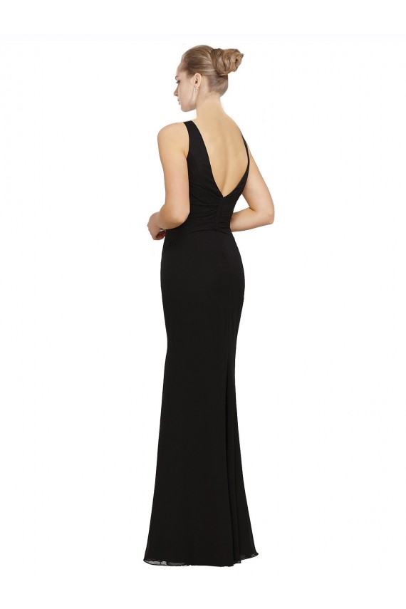 V-Neck Long Soft Chiffon Black Sleeveless Bridesmaid Gown Victoria