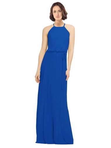 Jewel Neck Long Soft Chiffon Royal Blue Sleeveless Bridal Party Dress Victoria