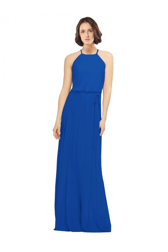 Jewel Neck Long Soft Chiffon Royal Blue Sleeveless Bridal Party Dress Victoria
