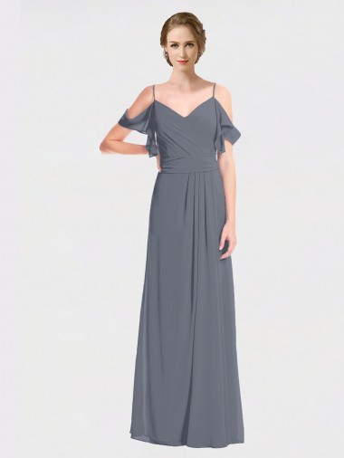 V-Neck Long Soft Chiffon Slate Grey Flutter Sleeves Bridesmaid Dress Victoria