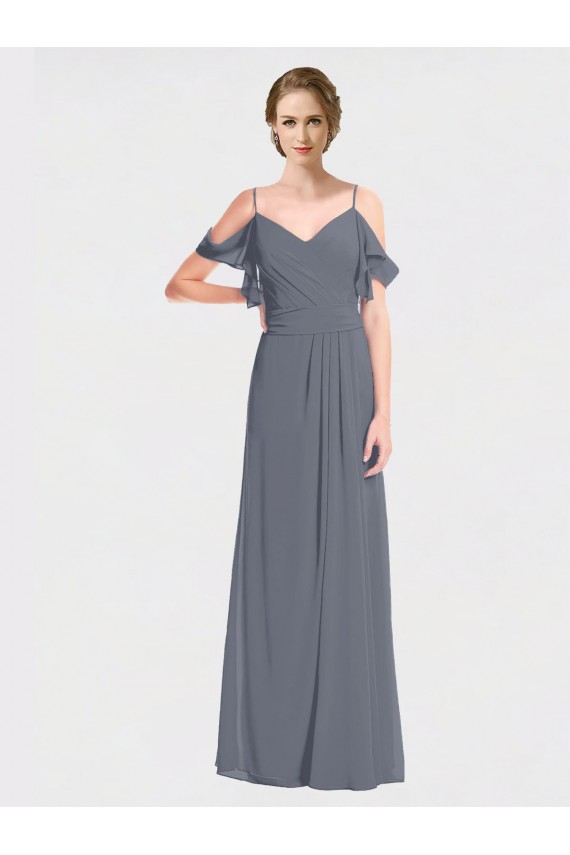 V-Neck Long Soft Chiffon Slate Grey Flutter Sleeves Bridesmaid Dress Victoria