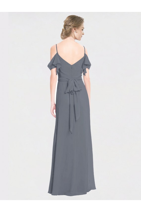 V-Neck Long Soft Chiffon Slate Grey Flutter Sleeves Bridesmaid Dress Victoria