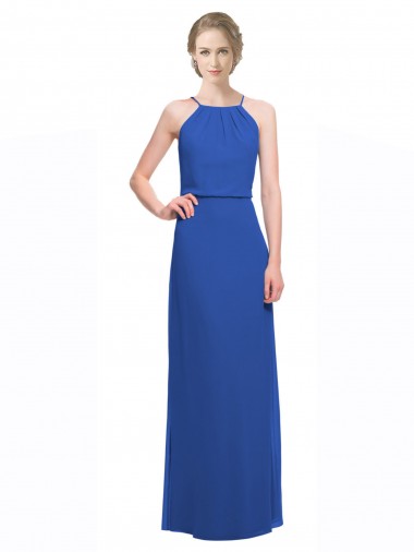 Spaghetti Straps Long Soft Chiffon Blue Sleeveless Bridesmaid Dress Victoria