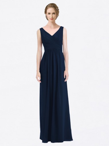 V-Neck Long Soft Chiffon Dark Navy Sleeveless Evening Gowns / Bridesmaid Dress Victoria