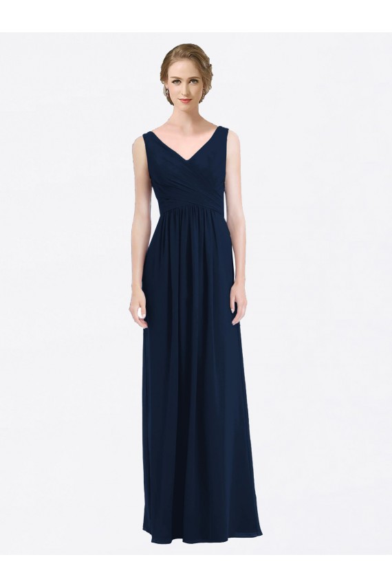 V-Neck Long Soft Chiffon Dark Navy Sleeveless Evening Gowns / Bridesmaid Dress Victoria